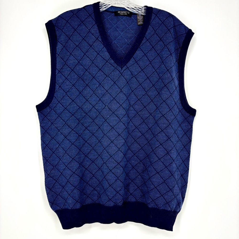 Segreto Men's Sweater Vest Merino Wool Size X-Large Blue Made In Italy V Neck
